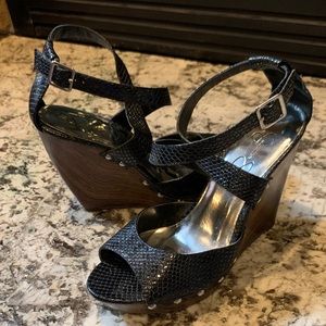 Black Snakeskin Wedge with Dark Brown Bottom